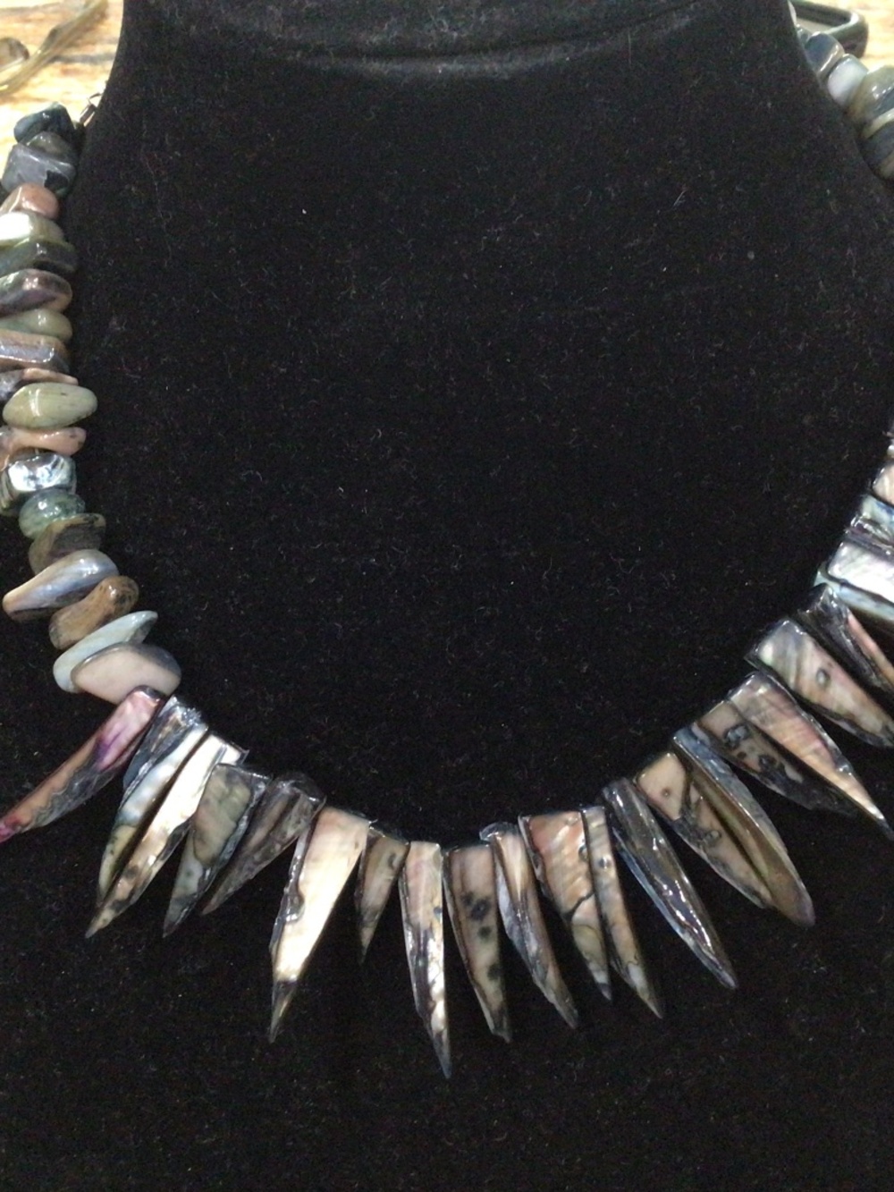Natural iridescent shell spike necklace with black mother of pearl/Abolone